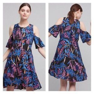 Maeve Anthropologie Elia Cold Shoulder Dress Keyhole Floral Flutter Half Sleeves